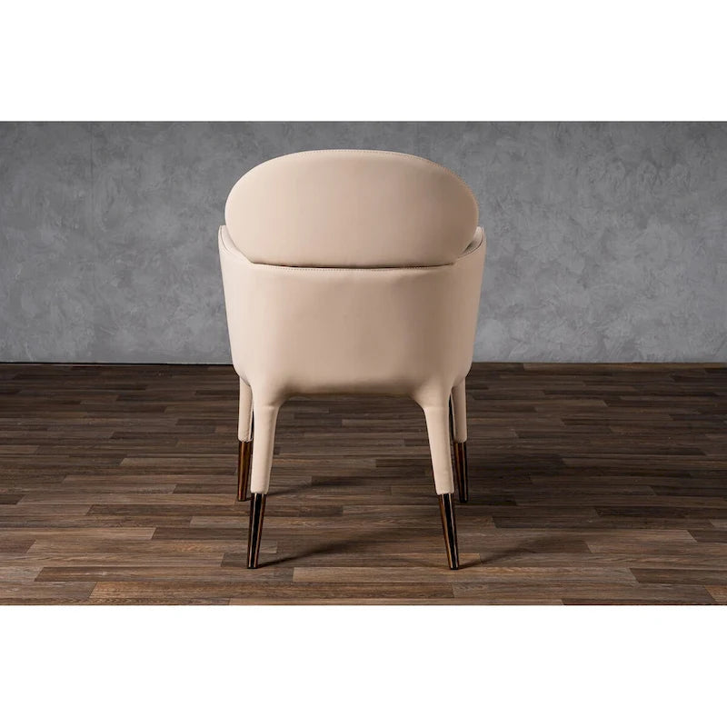Chaise de salle à manger avec accoudoirs en cuir végétalien beige et capuchons de pieds en or rose