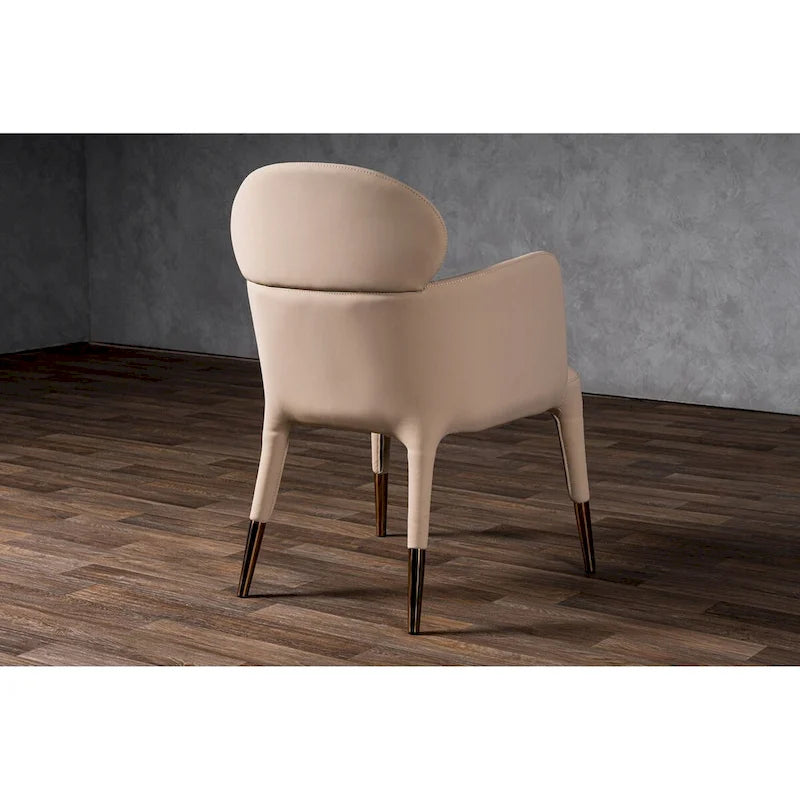 Chaise de salle à manger avec accoudoirs en cuir végétalien beige et capuchons de pieds en or rose