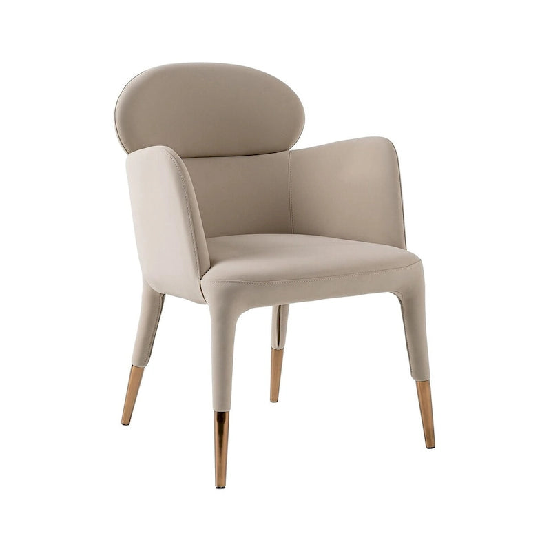 Chaise de salle à manger avec accoudoirs en cuir végétalien beige et capuchons de pieds en or rose