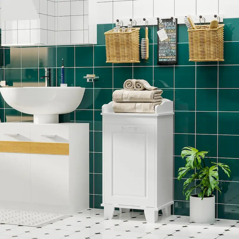 Meuble bas de salle de bain à linge sale basculant blanc