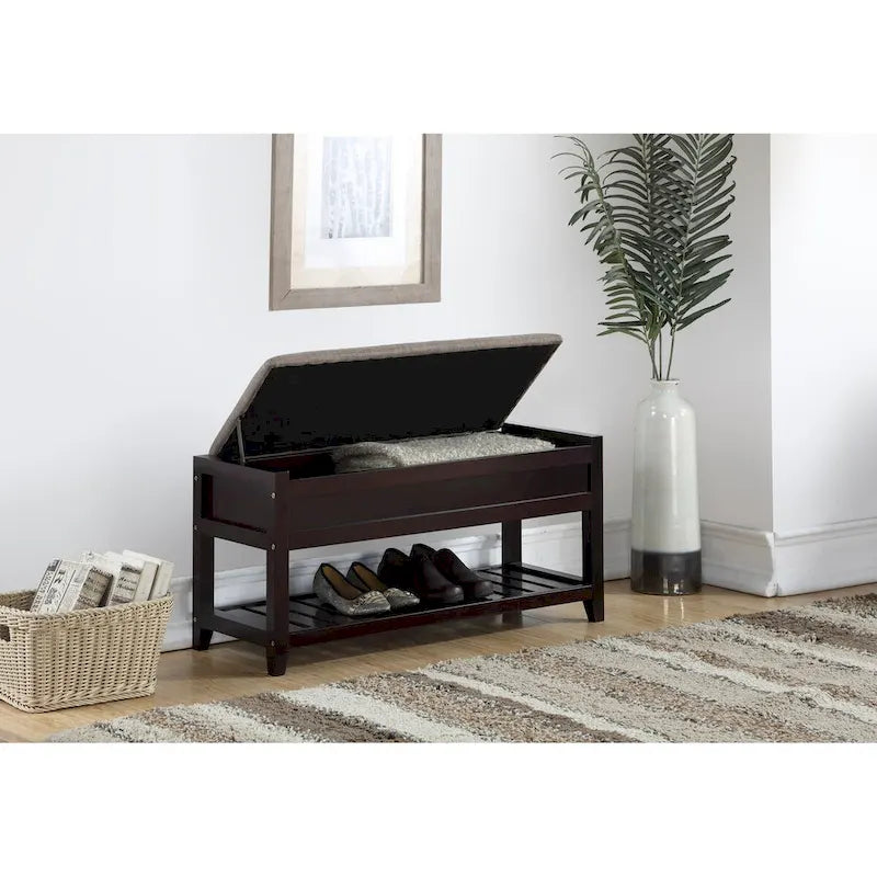 Banc de rangement en bois expresso avec assise rembourrée et étagère à chaussures