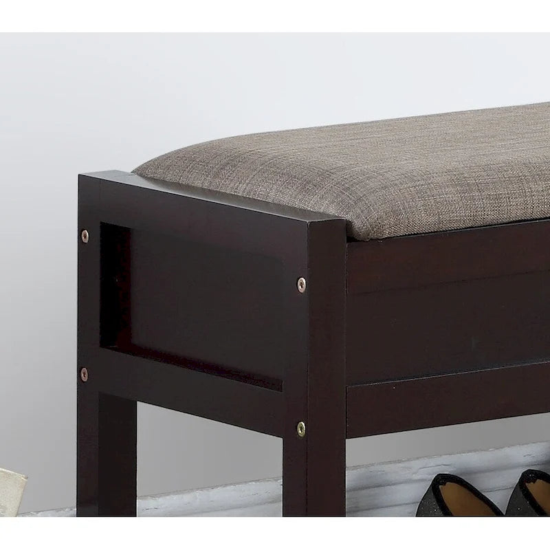 Banc de rangement en bois expresso avec assise rembourrée et étagère à chaussures