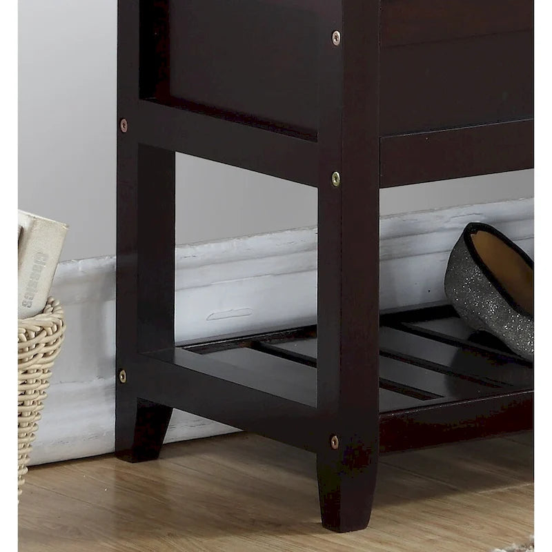 Banc de rangement en bois expresso avec assise rembourrée et étagère à chaussures