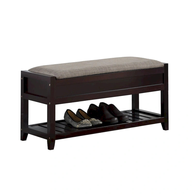 Banc de rangement en bois expresso avec assise rembourrée et étagère à chaussures