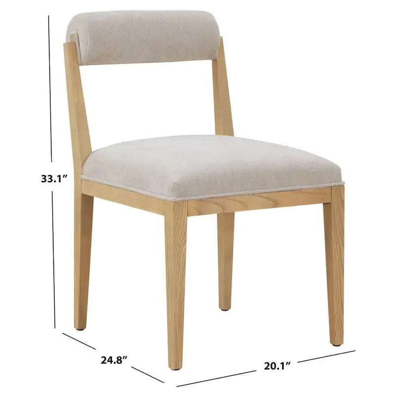 Chaise de salle à manger en bois massif avec rembourrage en lin taupe dossier roulé finition naturelle