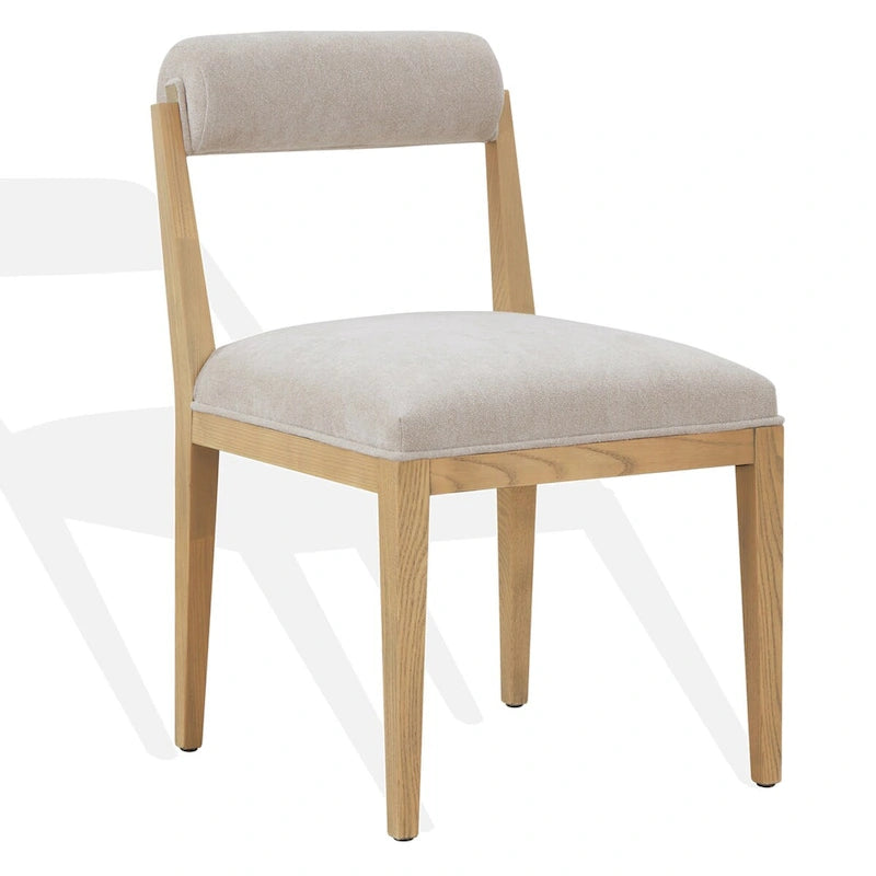 Chaise de salle à manger en bois massif avec rembourrage en lin taupe dossier roulé finition naturelle
