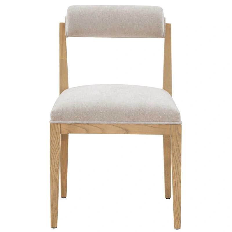Chaise de salle à manger en bois massif avec rembourrage en lin taupe dossier roulé finition naturelle