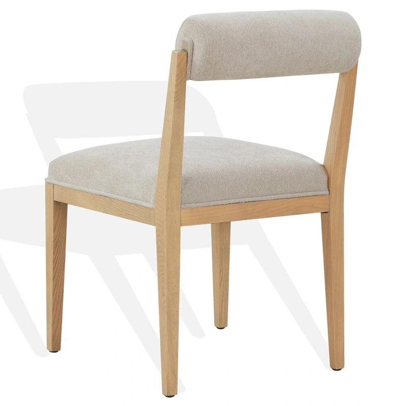 Chaise de salle à manger en bois massif avec rembourrage en lin taupe dossier roulé finition naturelle